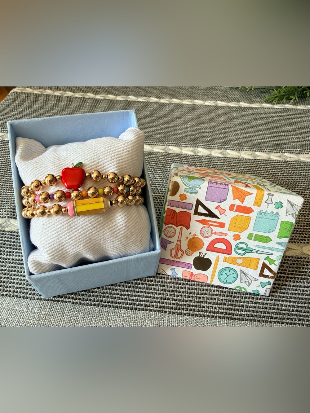Gold Beaded Stackable Bracelet Set with Colorful Charms—perfect for teachers!